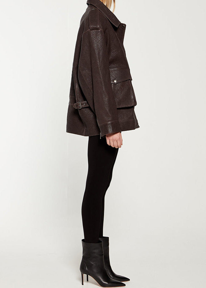Drune | Edge - Dunkelbraune Lederjacke mit Utility-Taschen