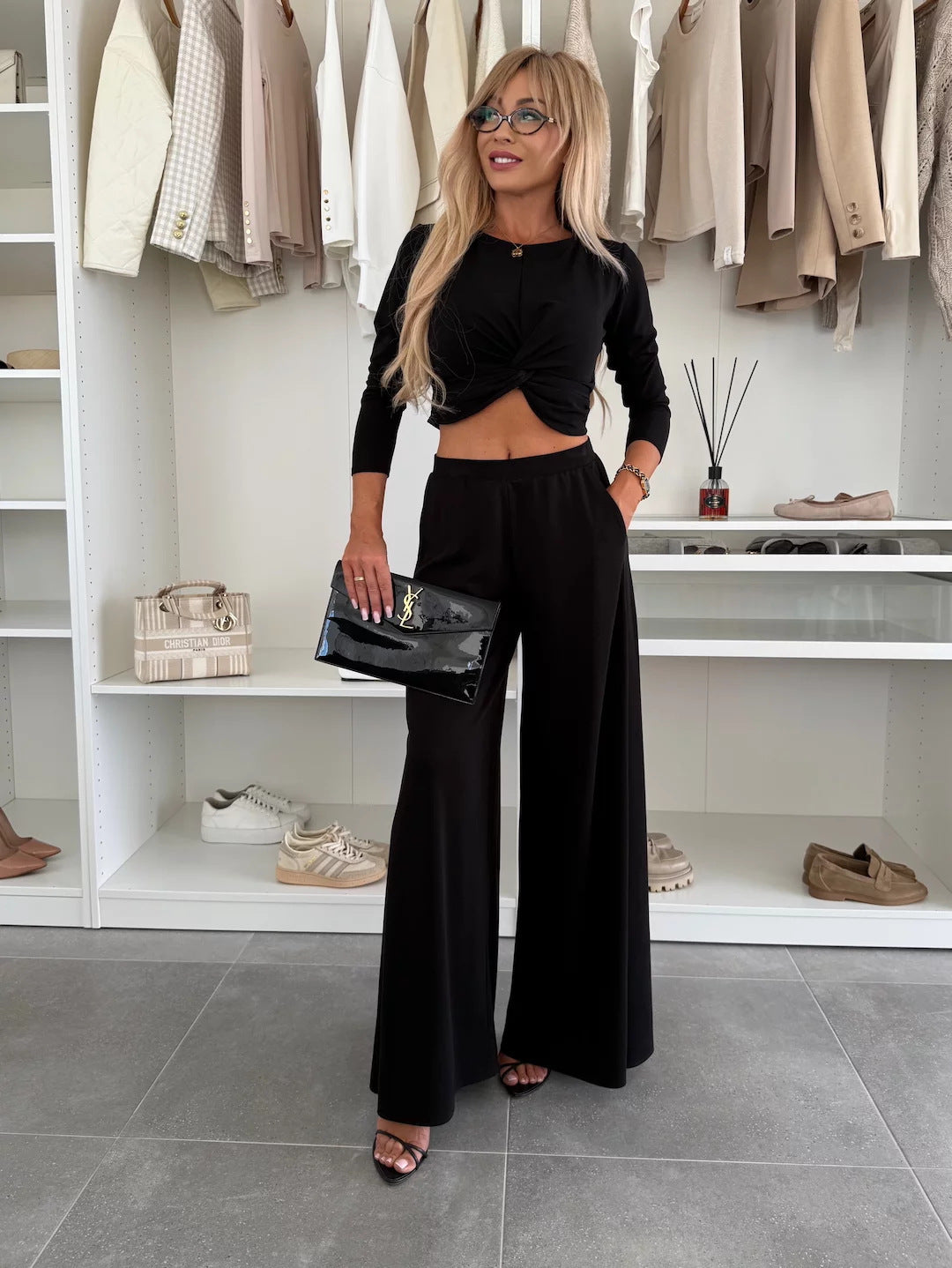 Damen modisches und elegantes Freizeit-Set mit lässigem Cropped-Oberteil und weiten Hosen Drune