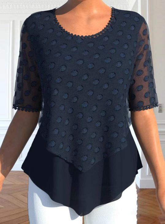 Damen nan Tüllbluse mit bestickten Punkten, halbtransparenten Ärmeln und asymmetrischem Stufensaum Drune