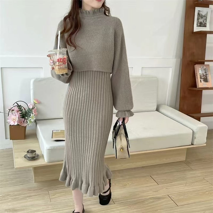 Damen Strickkleid mit hochgeschlossenem Kragen und Rippstruktur Drune