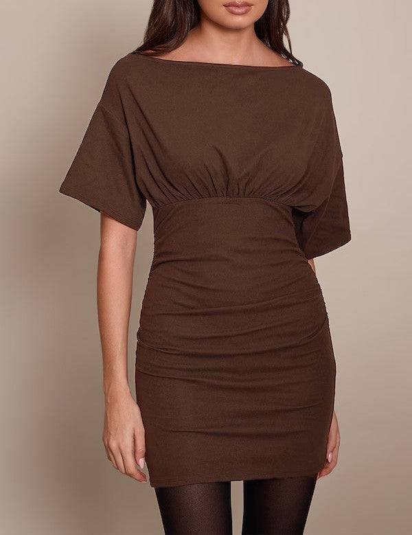 Damen figurbetontes Wickelkleid mit Raffungen und weiten Ärmeln Drune