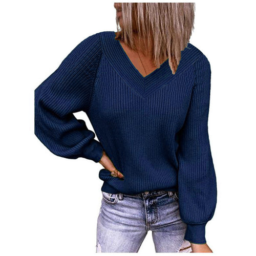 Damen Strickpullover mit V-Ausschnitt und Ballonärmeln Drune
