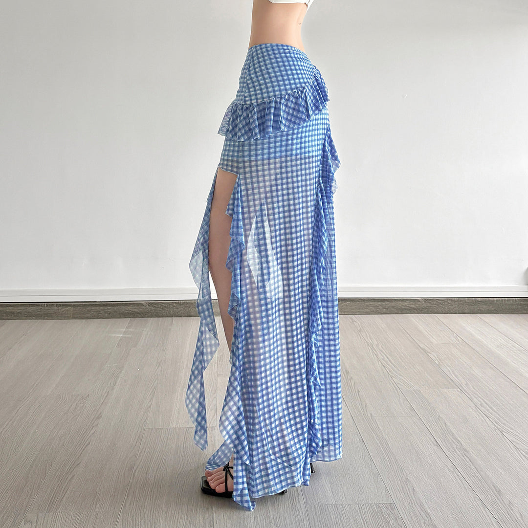 Damen Maxirock mit Rüschendetails und Vichy-Muster Drune