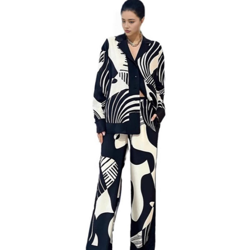 Damen Weitgeschnittenes, florales Langarmhemd und Hose Set Drune