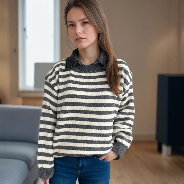 Damen lässiger Pullover mit strukturellem Streifenmuster und modischem Kragen Drune
