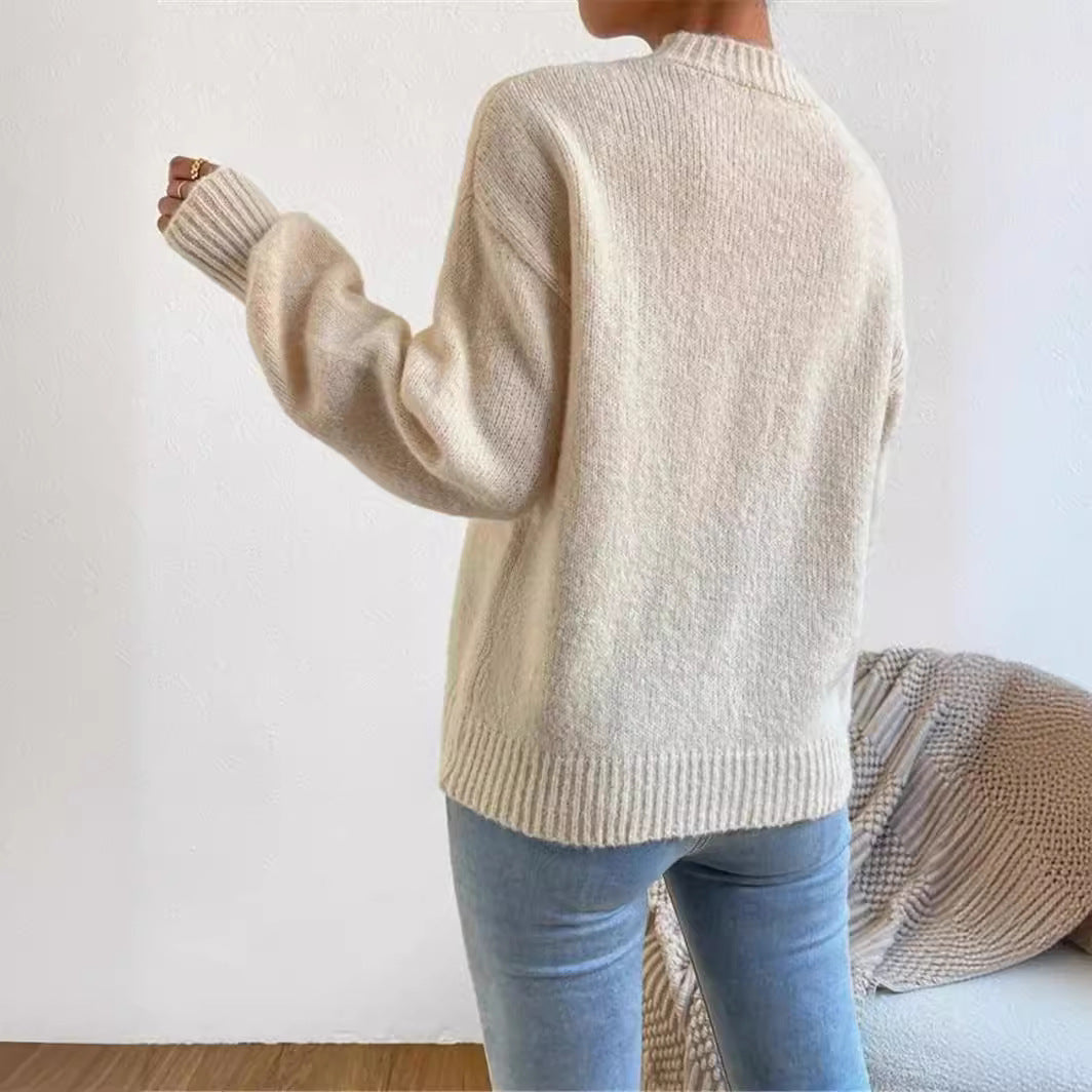 Damen lockerer Strickpullover mit hohem Kragen und strukturiertem Design Drune