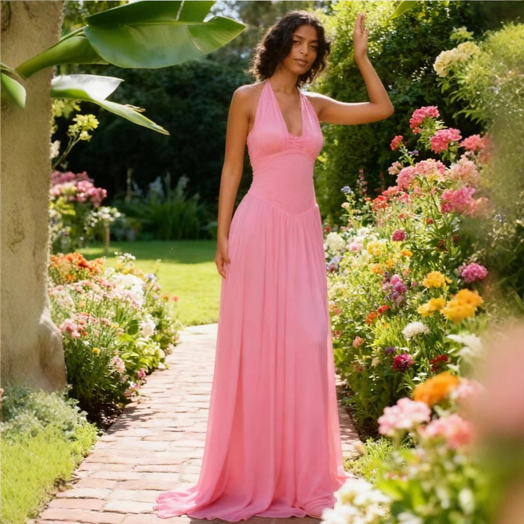 Damen Maxi-Kleid mit neckholder Design und fließendem Stoff Drune