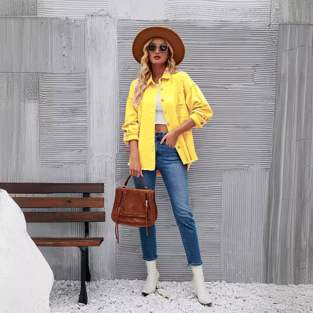 Damen Denim-Hemdjacke im lässigen Oversized-Schnitt mit fransigen Details Drune