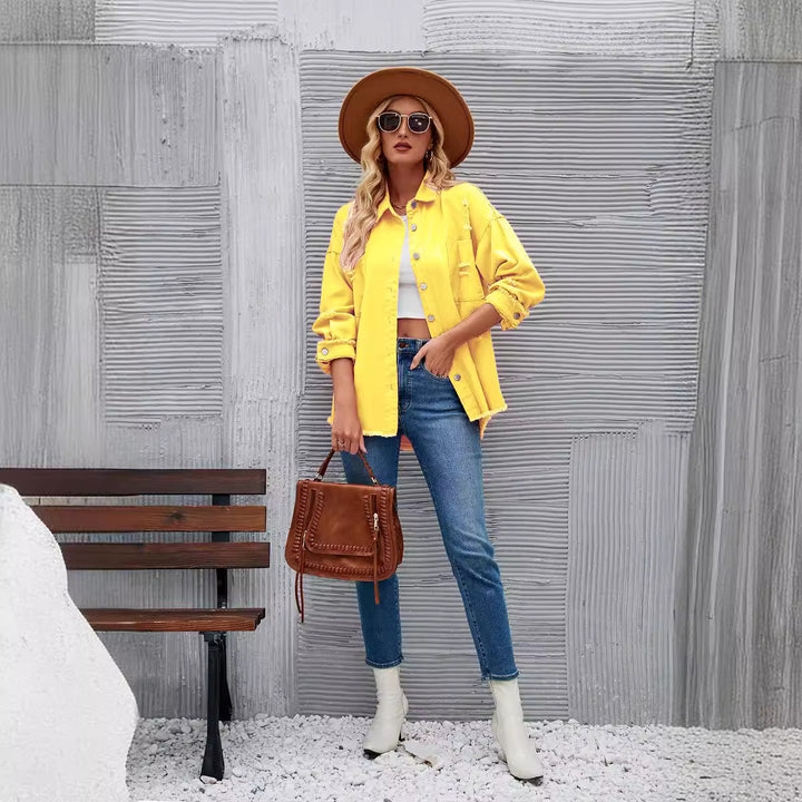 Damen Denim-Hemdjacke im lässigen Oversized-Schnitt mit fransigen Details Drune