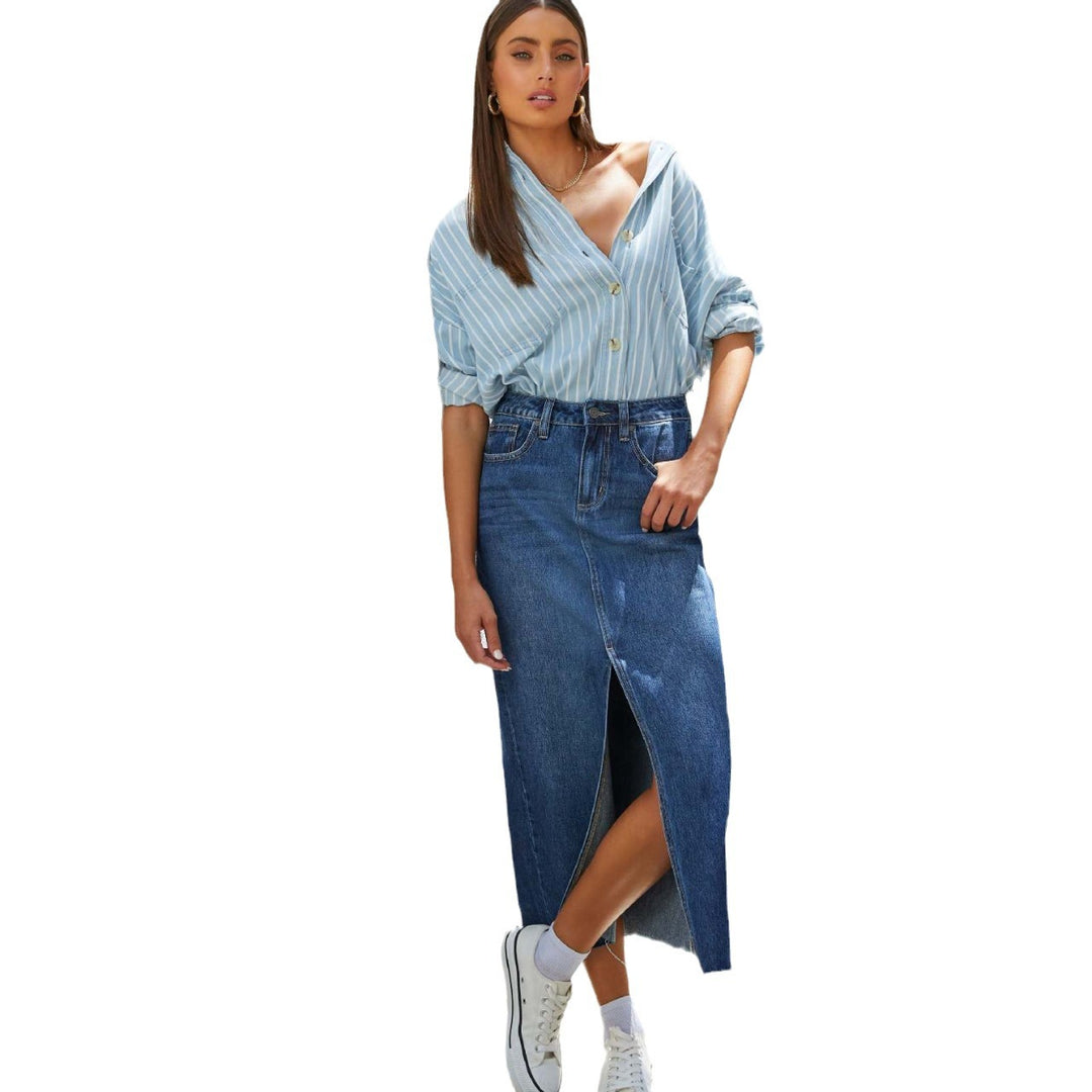 Damen Hoch geschnittene Denim-Midirock mit seitlichem Schlitz und fransigen Säumen Drune