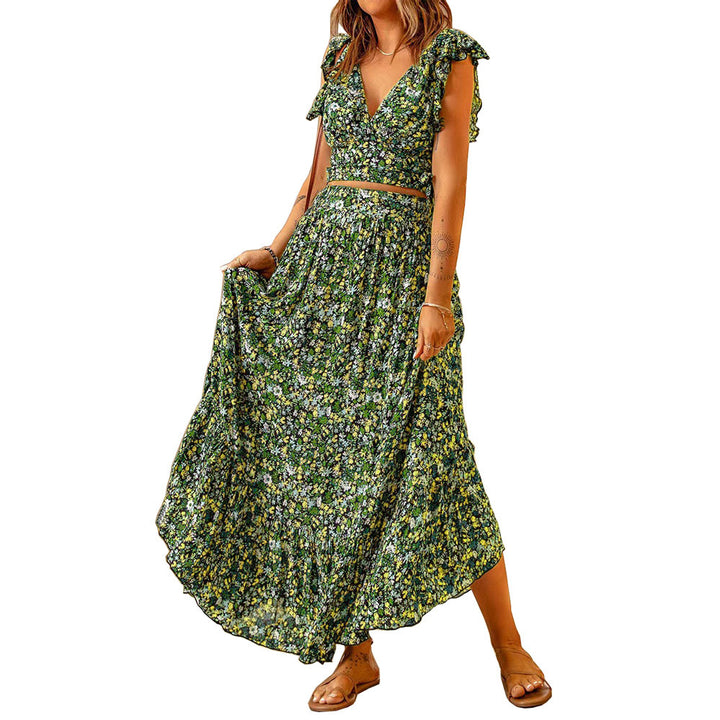 Damen Blütenmuster Maxikleid mit voluminösem Rock und schmalem Gürtel Drune