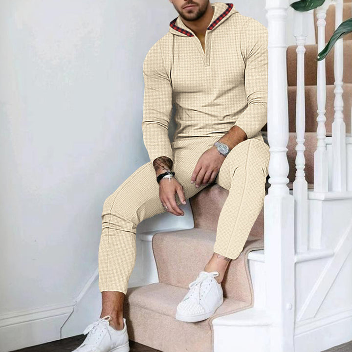 Herren nan Slim-Fit Waffel-Strick Kapuzen-Set mit Halbzip, kontrastgefütterter Kapuze und tapered Jogginghose Drune