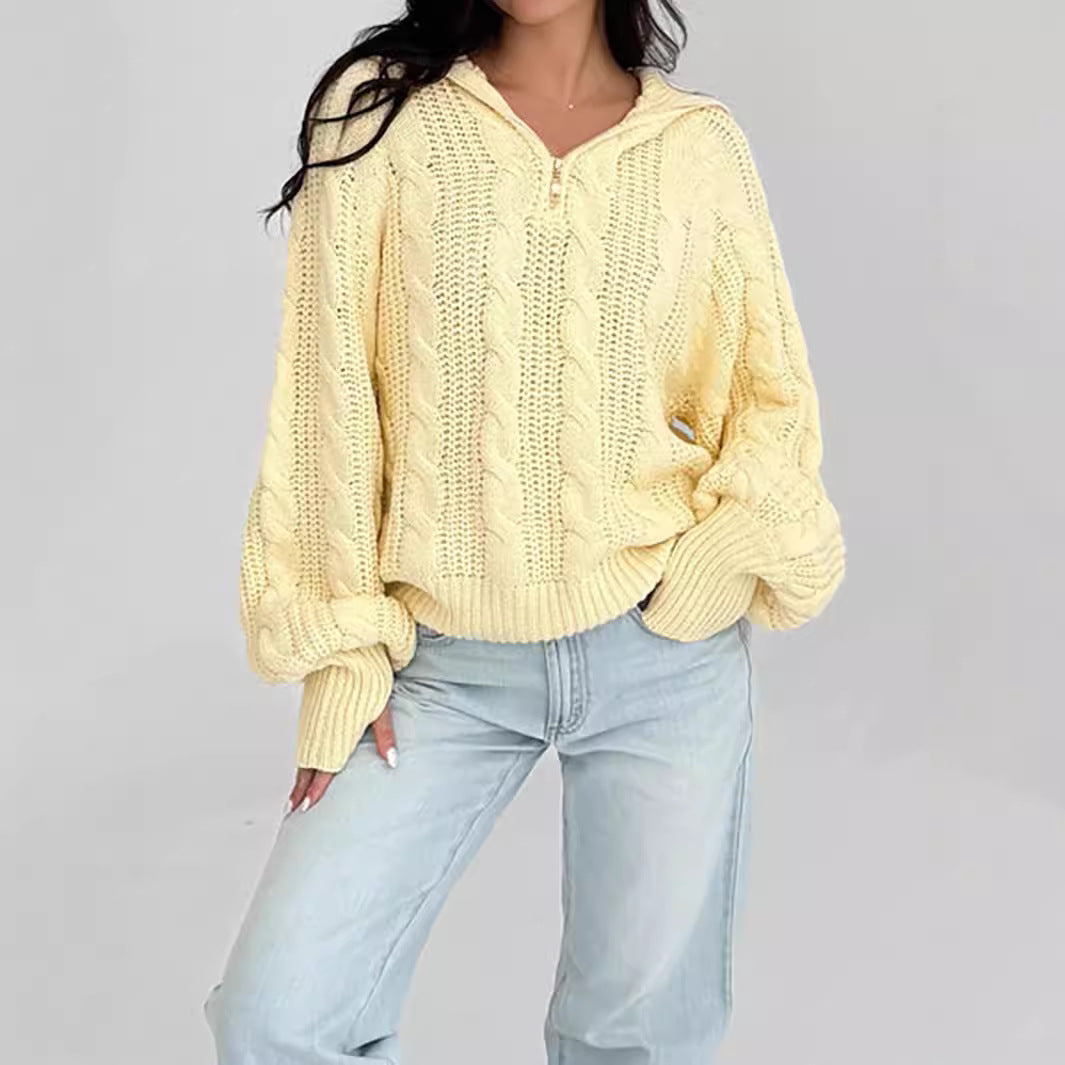 Damen lässiger Strickpullover mit weichem Zopfmuster und praktischer Kapuze Drune