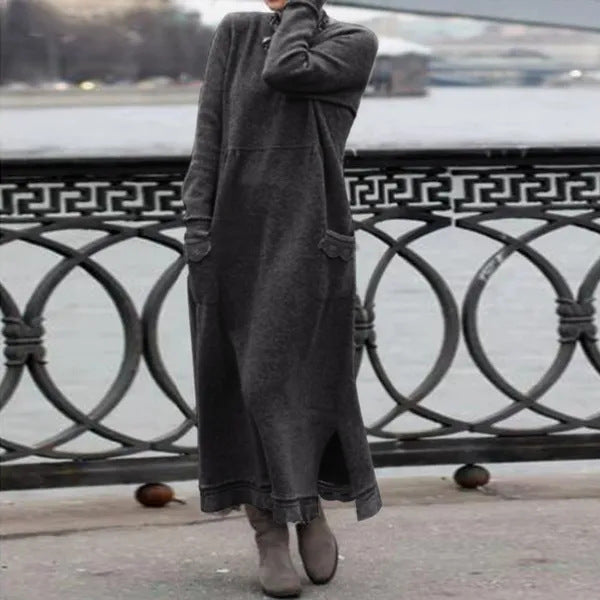 Damen nan langes Strickmaxikleid mit Seitenschlitzen und aufgesetzten Taschen Drune