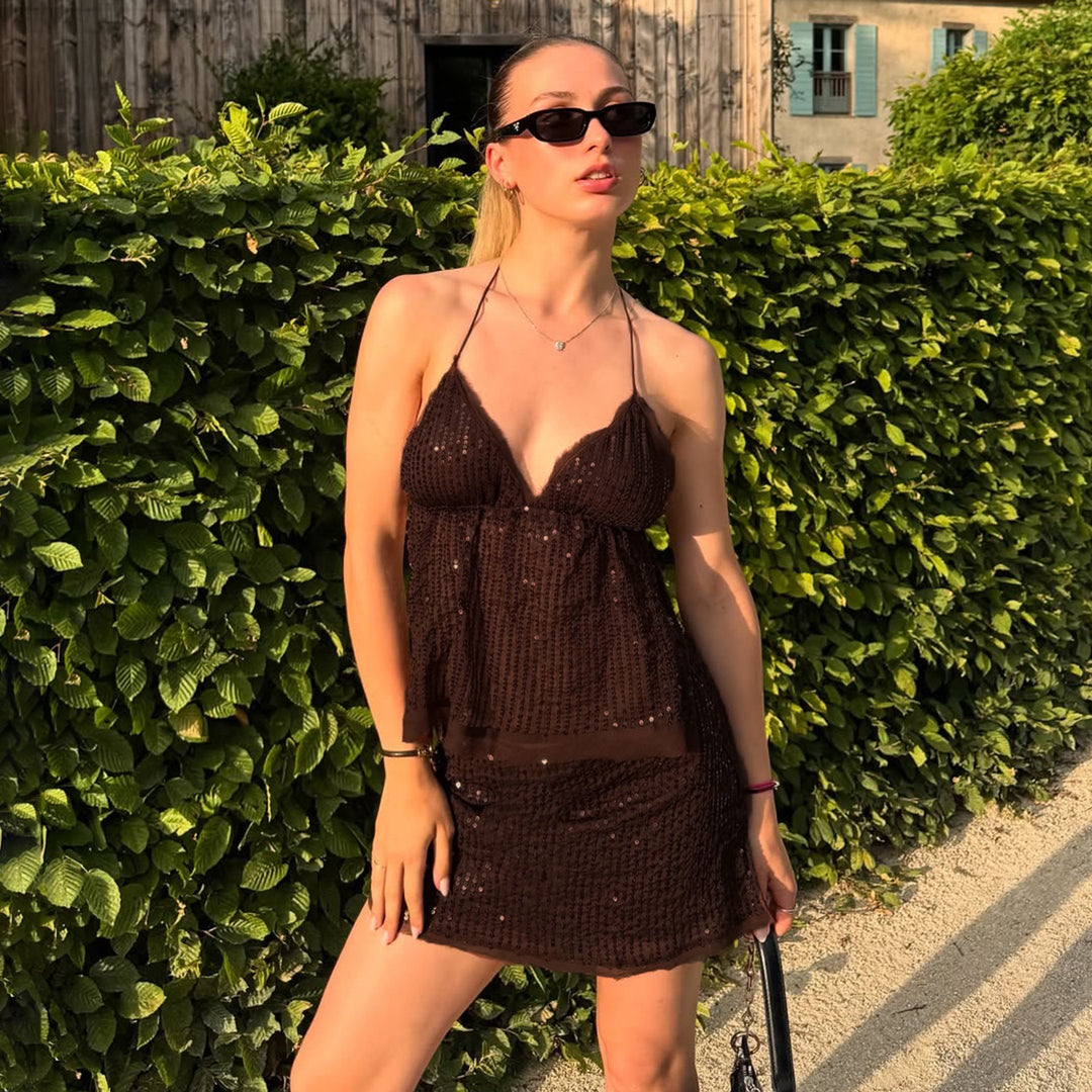 Damen schickes Top mit funkelnden Pailletten und verstellbarem Träger Drune