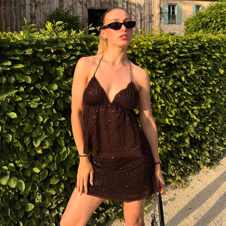 Damen schickes Top mit funkelnden Pailletten und verstellbarem Träger Drune