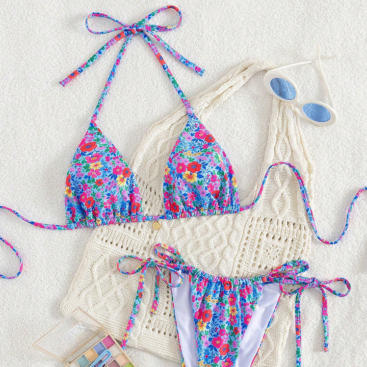 Damen Triangel-Bikini mit floraler Verzierungen und raffinierten Bindedetails Drune