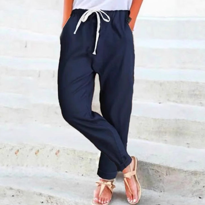Damen elegante Freizeithose mit elastischem Bund und Bindegürtel Drune
