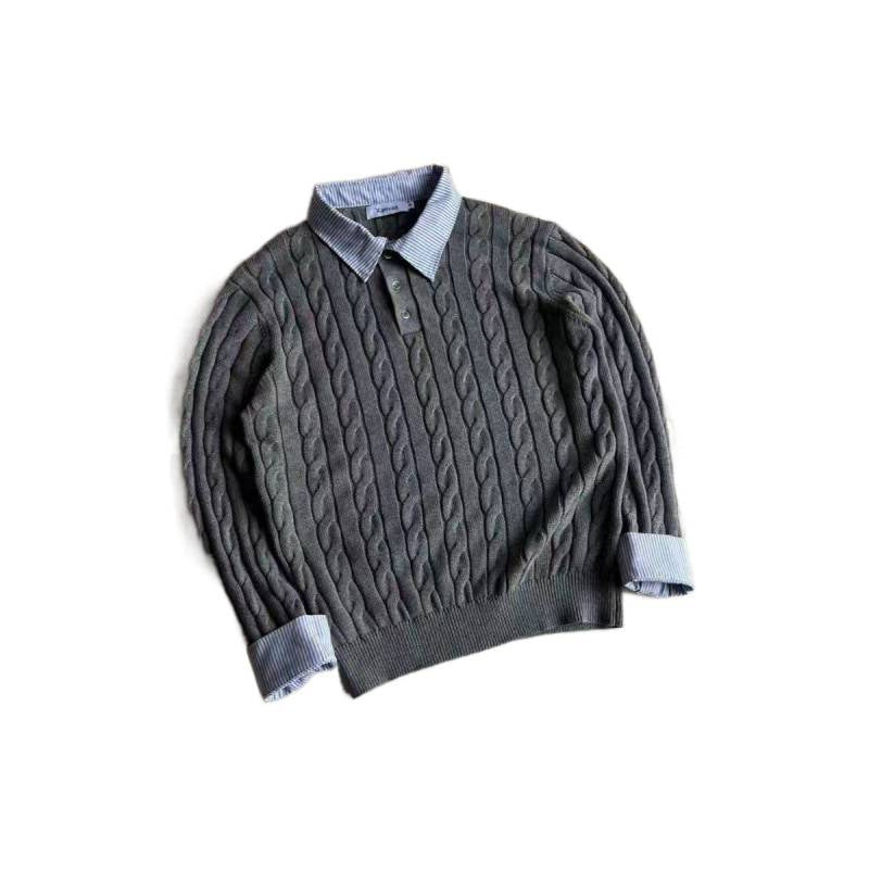 Damen nan gestrickter Polo-Pullover mit Zopfmuster und eingesetztem Hemdkragen Drune