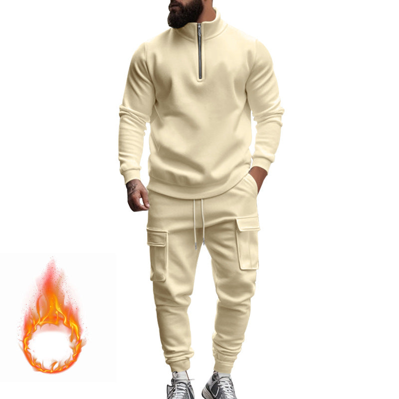 Herren nan sportives Cargo-Joggingset mit Halbzip-Stehkragen, wärmendem Fleece-Innenfutter und großzügigen Klapptaschen Drune