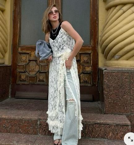 Damen Spitzenkimono mit offener Front und Rüschendetails Drune