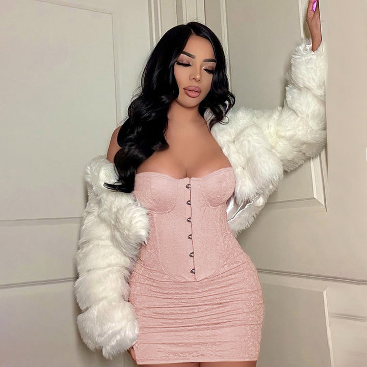 Damen minimalistisches Korsettkleid mit eleganter Knopfleiste und Spitzenakzenten Drune