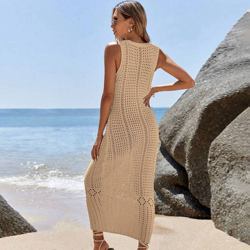 Damen Elegantes Häkel-Maxikleid mit feinem Lochdesign und V-Ausschnitt Drune