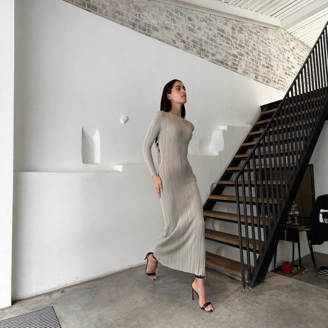 Damen Elegantes Rippstrick-Maxikleid mit langen Ärmeln und figurbetontem Schnitt Drune