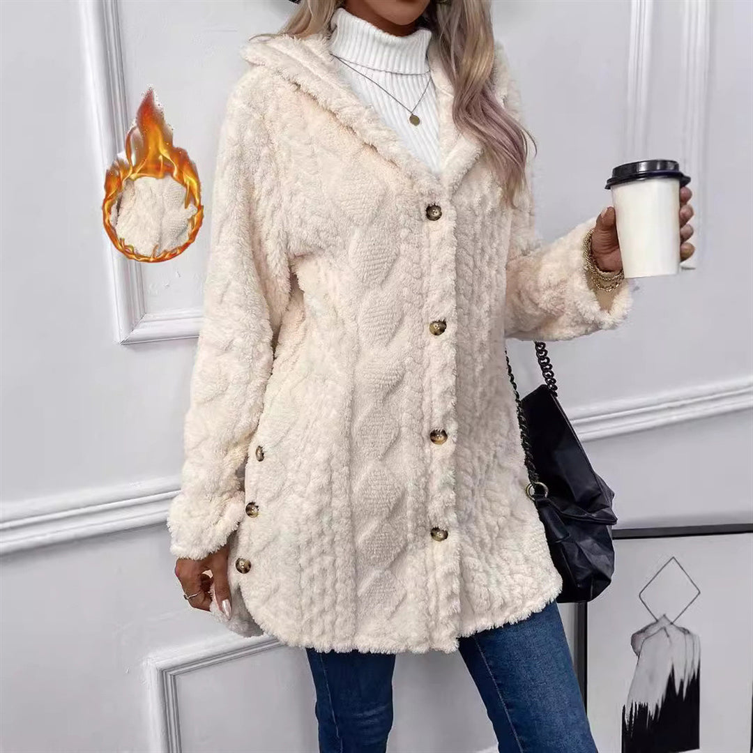 Damen kuschelige Knopfjacke mit hohem Kragen Drune
