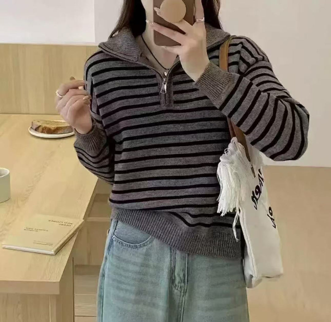 Damen Strickpullover mit kurzem Reißverschluss und modischem Streifenmuster Drune