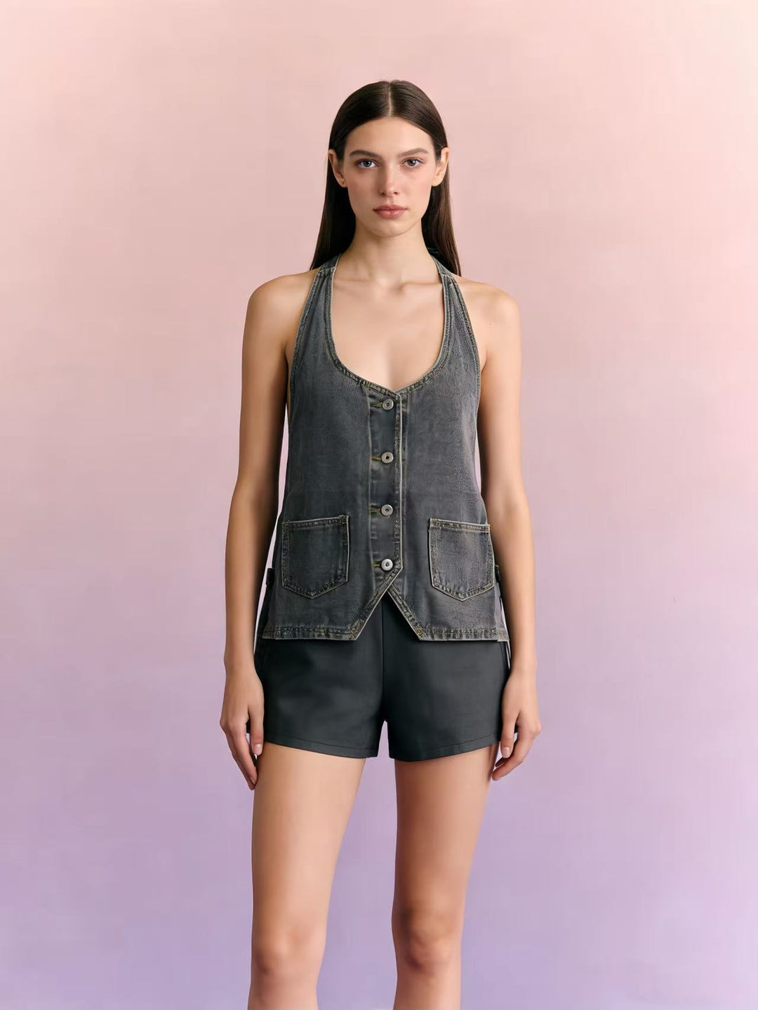 Damen lässiges Denim-Set mit verstellbaren Trägern und Taschen Drune