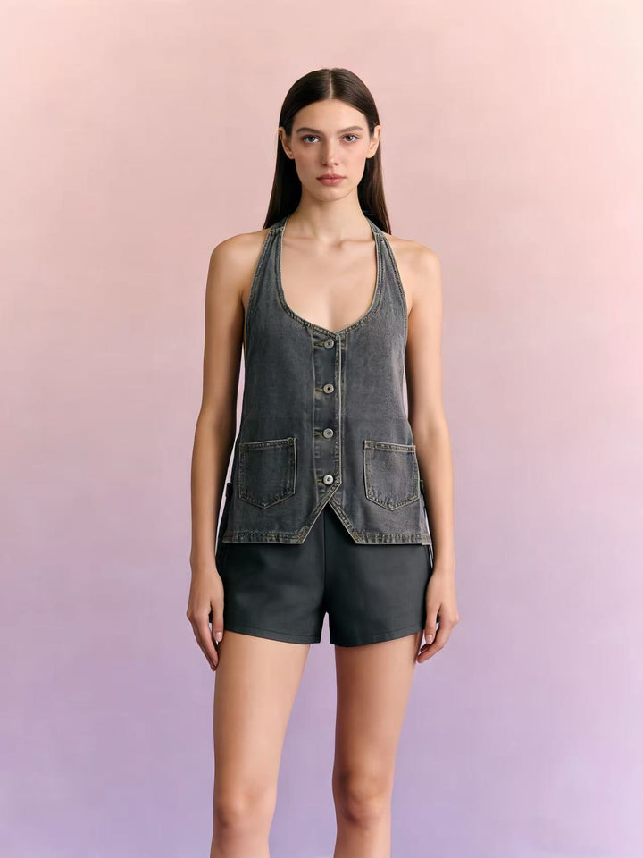 Damen lässiges Denim-Set mit verstellbaren Trägern und Taschen Drune