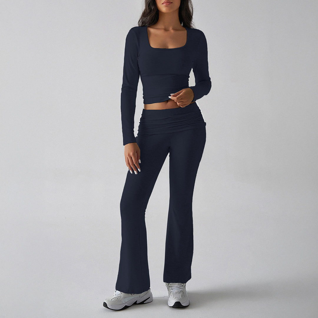 Damen nan figurbetontes Cropped-Set mit langärmeligem Top mit quadratischem Ausschnitt und ausgestellter High‑Waist Yoga-Hose Drune
