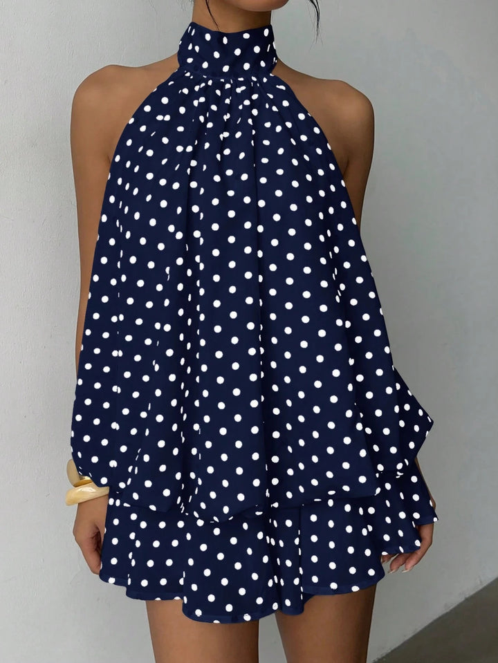 Damen modisches Polka-Dots Set mit hohem Kragen und voluminösen Ärmeln Drune