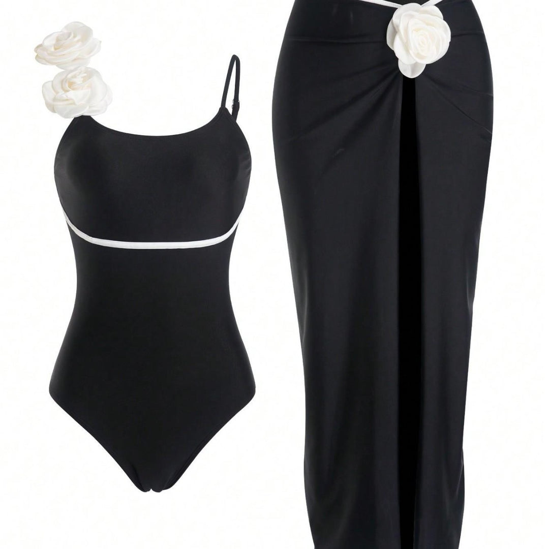 Damen Einteiler Badeanzug mit elegantem Rock und verspielten Blütendetails Drune