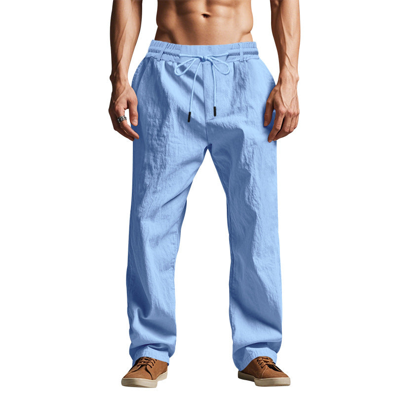 Herren nan leichte Baumwoll Leinen Freizeit-Hose mit Tunnelzug geradem Schnitt Drune