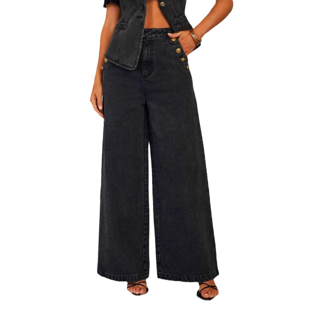 Damen nan weit geschnittene Highwaist Denimhose mit seitlicher Knopfleiste und weitem Bein Drune