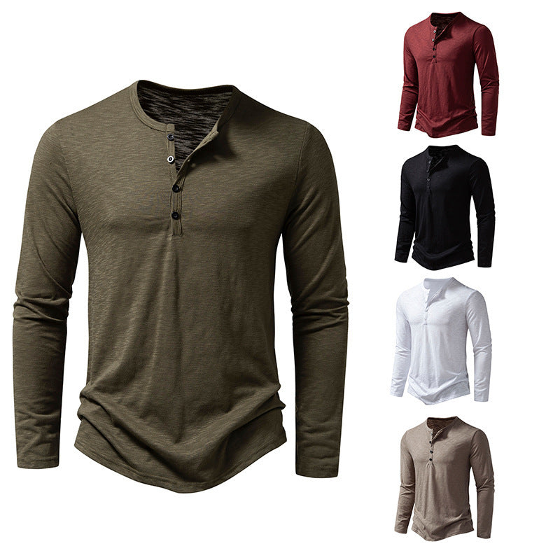 Herren Langarm-T-Shirt mit Knopfleiste und modischem Stehkragen Drune