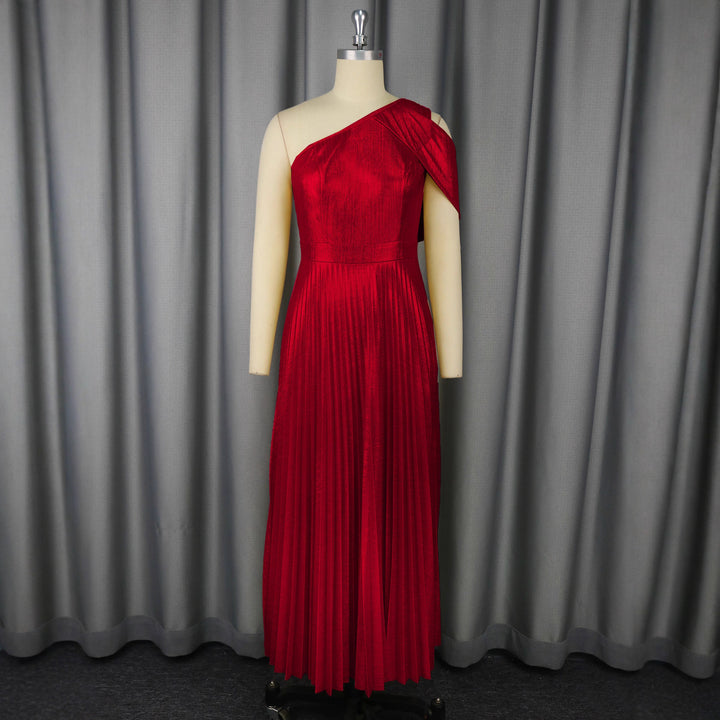 Damen Elegantes Maxi-Kleid mit asymmetrischem Schulterdesign und schimmerndem Plisseestoff Drune
