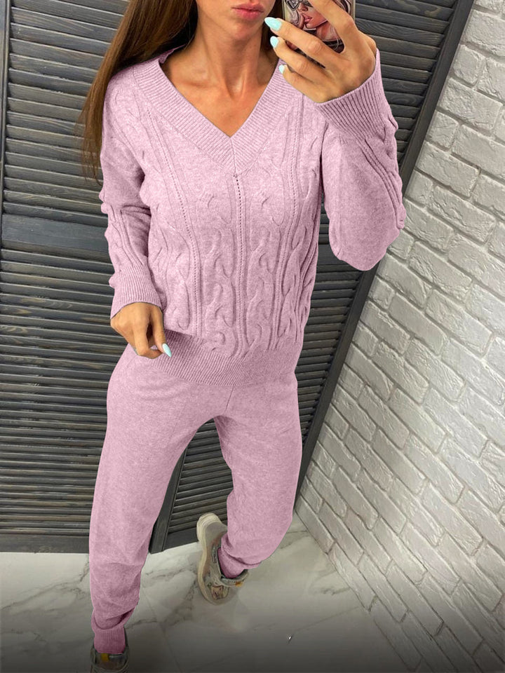 Damen Strickpullover und Jogginghose Set mit Zopfmuster Drune