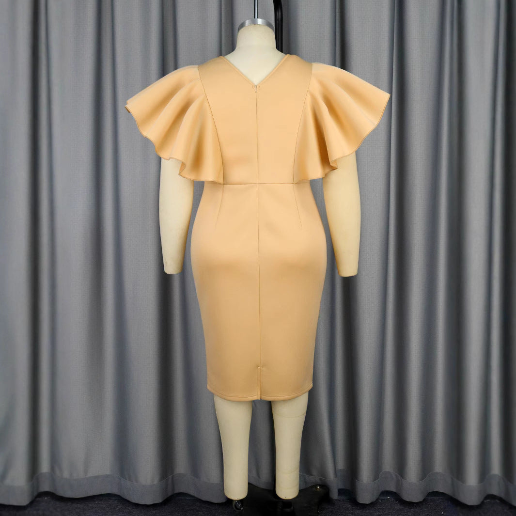 Damen figurbetontes Kleid mit voluminösen Rüschenärmeln und Taillengürtel Drune