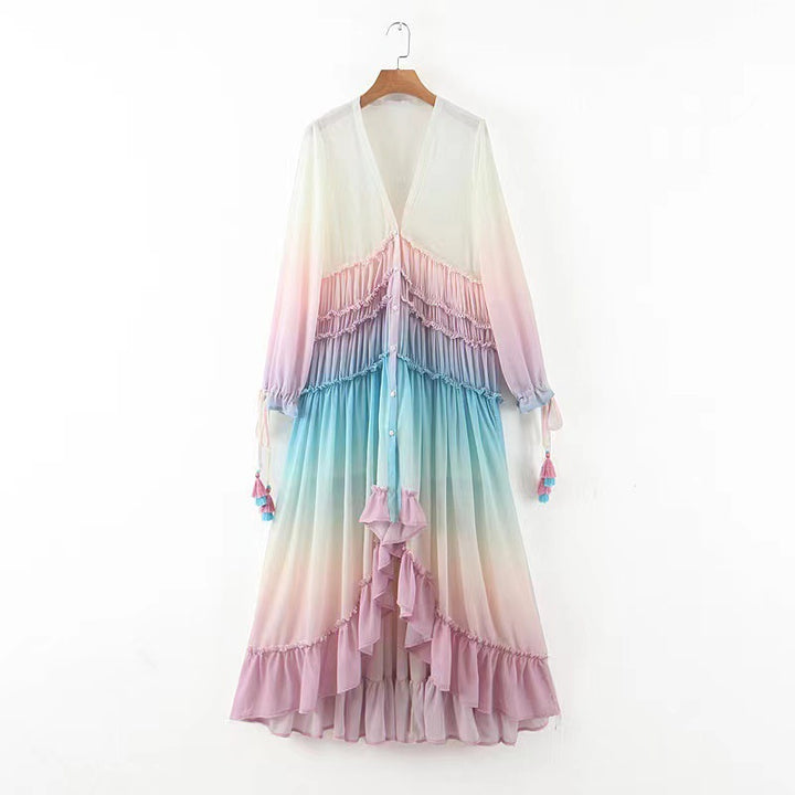 Damen Maxikleid mit fließendem Schnitt und zarten Rüschendetails Drune