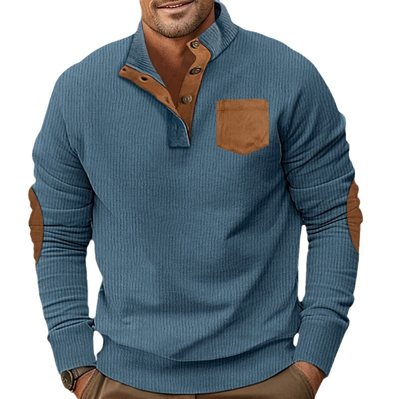 Herren eleganter Strickpullover mit Knopfleiste und kontrastierenden Ellbogenpatches Drune