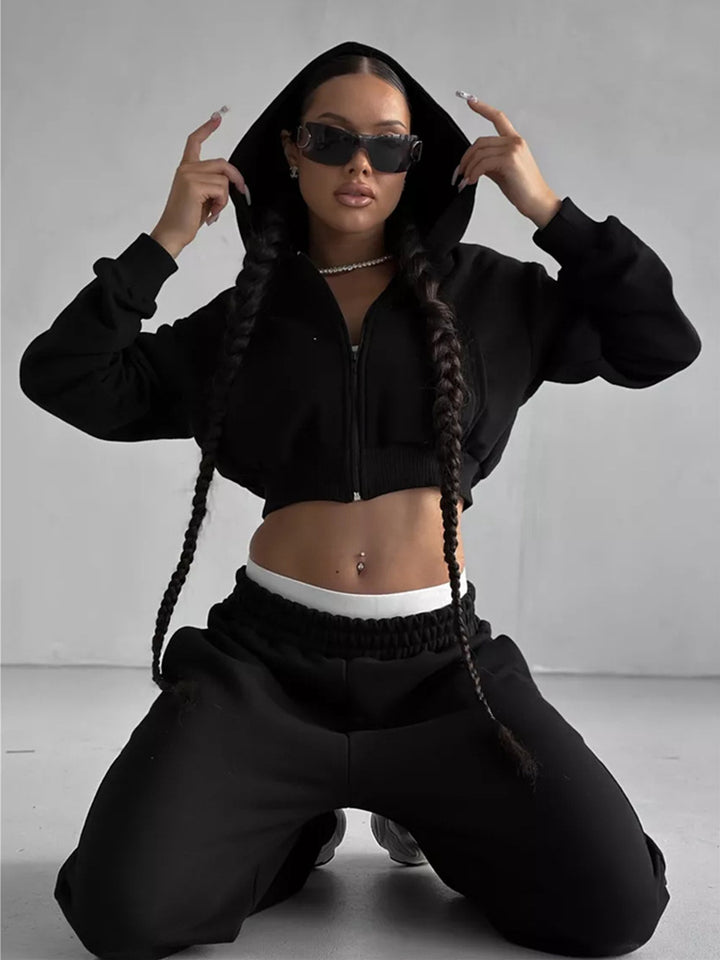 Damen Sportliches Zipper Hoodie und weite Jogginghose Set Drune