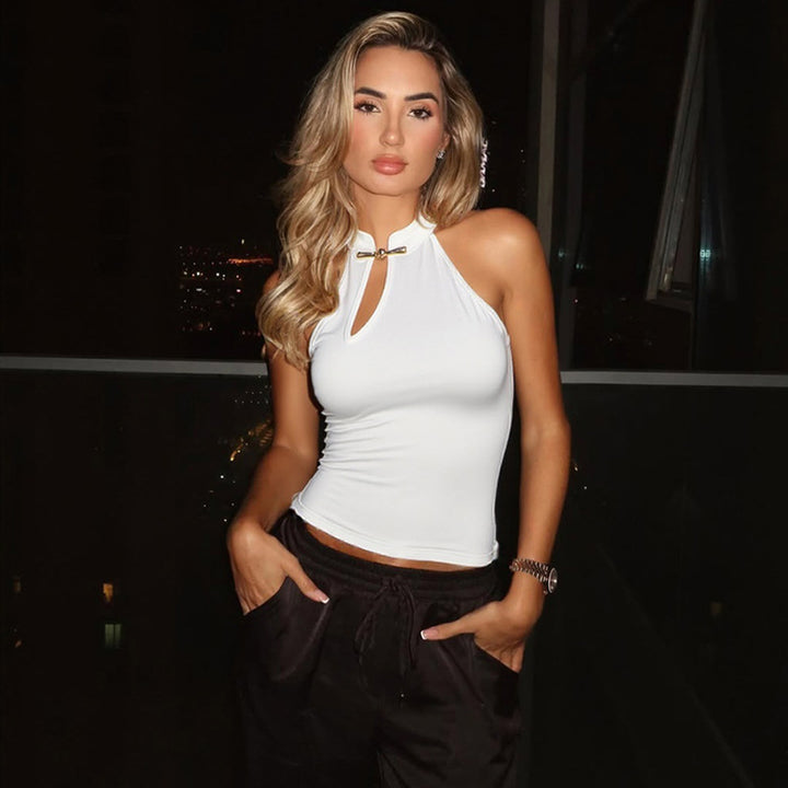 Damen modernes Hochkragen Top mit elegantem Schlitz und goldener Akzent Drune