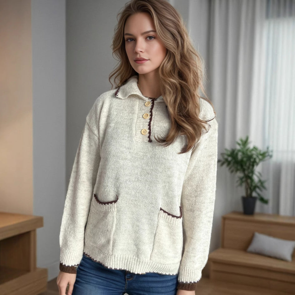 Damen lässiger Strickpullover mit Knopfleiste und aufgesetzten Taschen Drune