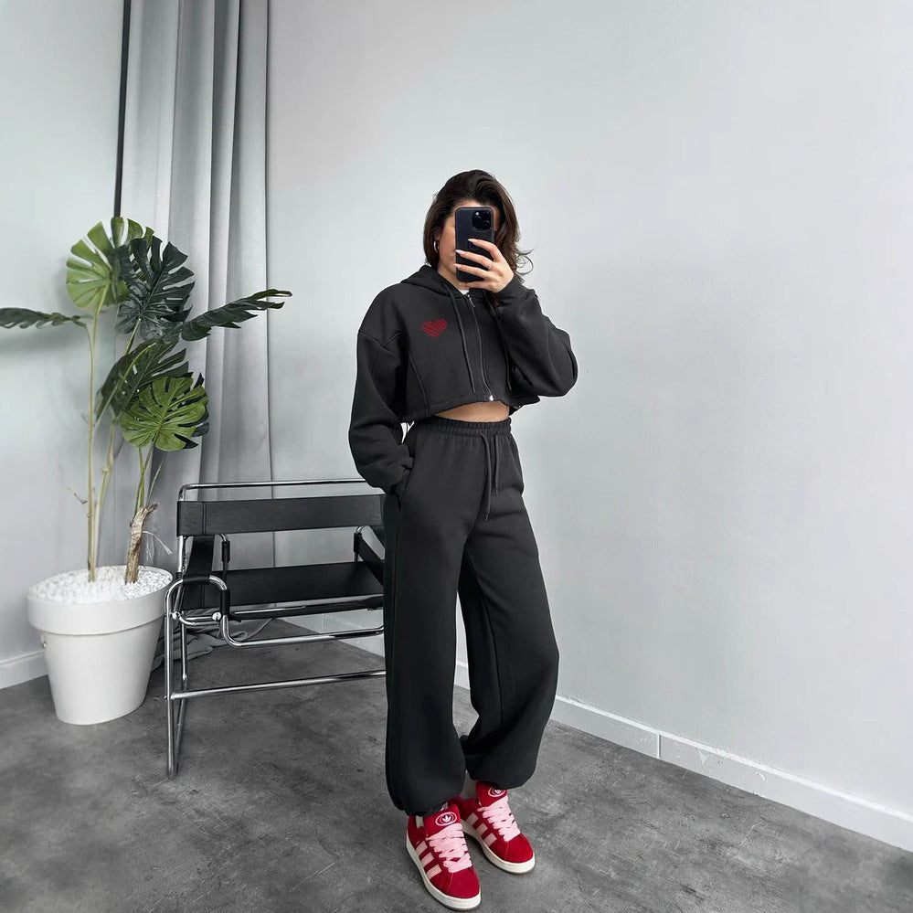 Damen Sportliches Crop-Set mit Kapuze und elastischer Taille Drune