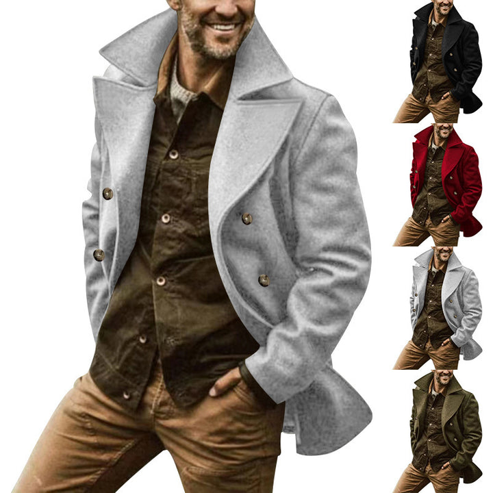Herren eleganter, klassischer Wollmantel mit doppelter Knopfleiste und hohem Kragen Drune