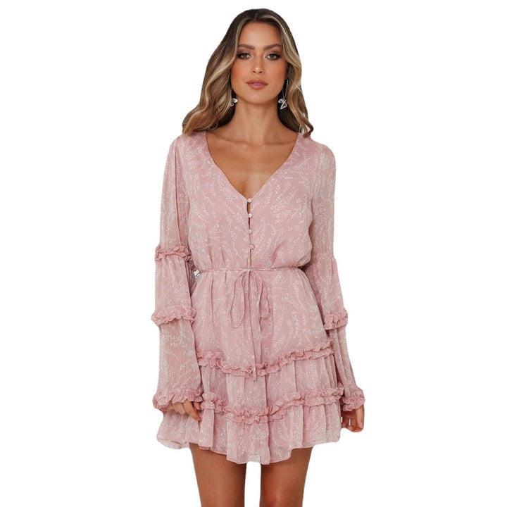 Damen Rüschenkleid mit langem, transparentem Ärmel und Bindegürtel Drune