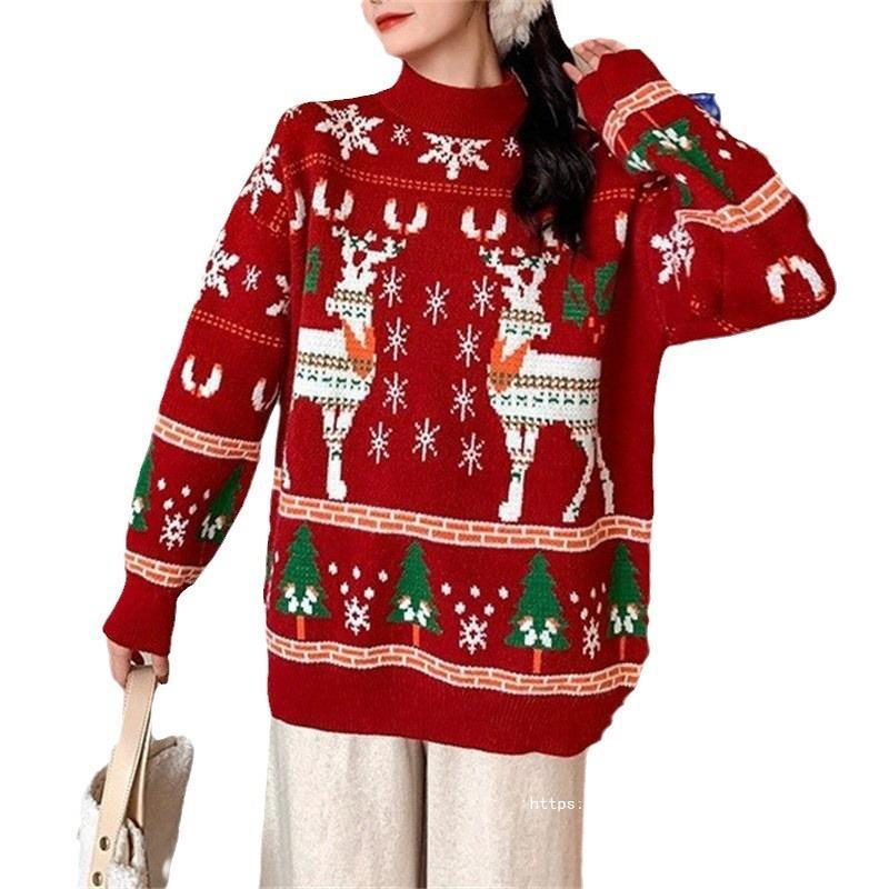 Damen Festlicher Pullover mit 3D-Rentier-Motiv und Hochkragen Drune